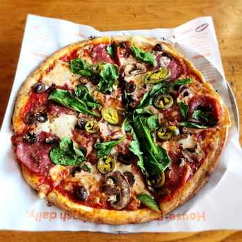Blaze Pizza - Salami,spinach,mushrooms,jalapeños peppers,bacon on an 11-inch pizza - Pizza Near Me - San Diego, California Blaze Pizza - Salami,spinach,mushrooms,jalapeños peppers,bacon on an 11-inch pizza - Pizza Near Me - San Diego, California