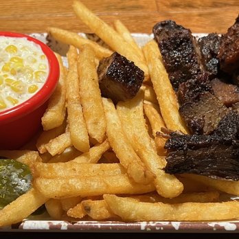 A Little BBQ Joint - Burnt Ends with 2 Sides Fries & Cheesy Corn - Barbeque Near Me - Independence, Missouri