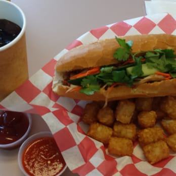 Megabytes Eatery - Mega hot banh mi with tots and birch beer. Ketchup and sriracha on the side! - Delis Near Me - Chantilly, Virginia Megabytes Eatery - Mega hot banh mi with tots and birch beer. Ketchup and sriracha on the side! - Delis Near Me - Chantilly, Virginia