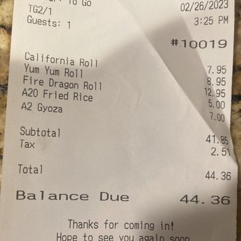 Fuji - Carry-out order for 3 rolls, a side of fried rice, and gyoza $45 after tax and before tip (2/26/23) - Japanese Near Me - Louisville, Kentucky Fuji - Carry-out order for 3 rolls, a side of fried rice, and gyoza $45 after tax and before tip (2/26/23) - Japanese Near Me - Louisville, Kentucky