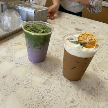 Work in Progress - Matcha Ube Latte, Rosemary Latte with salted cream foam - Wine Bars Near Me - Costa Mesa, California