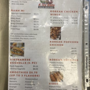K Tea Boba - Menu back - Korean Near Me - Houston, Texas