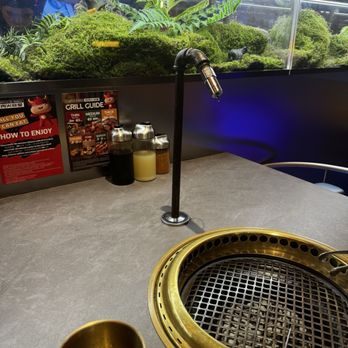 Y Space BBQ - The image shows a restaurant grill station with a built-in, circular grill with a brass-colored rim and a metal grate. Next to the grill, there is a small brass cup and condiment bottles containing sauces and seasonings. In the background, a large glass fish tank filled with green plants and moss is visible, illuminated by overhead lighting. The setting appears to be a modern dining area with a focus on grilling and fresh decor. - Barbeque Near Me - Flushing, New York