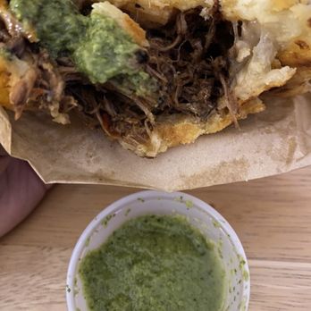 Guasaca - Shredded Beef & Cheese Arepa with cilantro sauce - Venezuelan Near Me - Raleigh, North Carolina