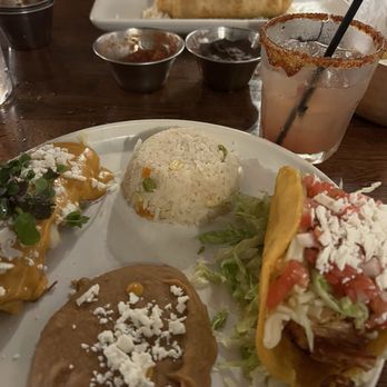 Carmelita's - El Classico (Short rib enchilada and crispy chicken taco)  Beef chimichanga - Beer, Wine & Spirits Near Me - Laguna Beach, California
