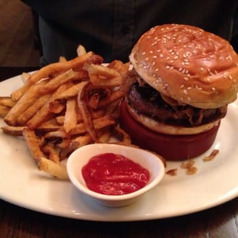 Lucky Monk - Peppercorn burger (with only onion strings for my picky hubby) and a ton of fries - American Near Me - Barrington, Illinois Lucky Monk - Peppercorn burger (with only onion strings for my picky hubby) and a ton of fries - American Near Me - Barrington, Illinois