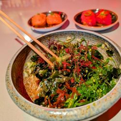 Blue Sushi Sake Grill - Seaweed salad, left . Everything Smoked Salmon, right. Cherry Bomb