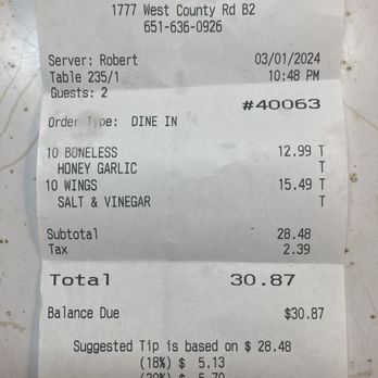Buffalo Wild Wings - Final tab. - American Near Me - Roseville, Minnesota