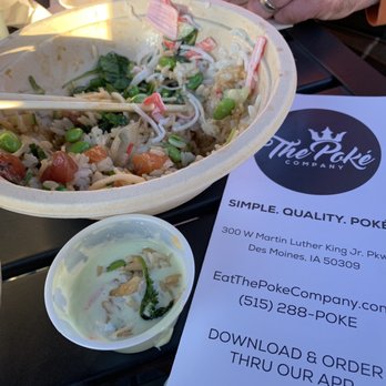 The Poké Company - Large Bowl-kale,rice,ahi tuna,salmon,cucumber, sweet onion,edamame,cilantro,etc. Side of Krab salad mixed in. Citrus Ponzu sauce. Wasabi. - Poke Near Me - Des Moines, Iowa The Poké Company - Large Bowl-kale,rice,ahi tuna,salmon,cucumber, sweet onion,edamame,cilantro,etc. Side of Krab salad mixed in. Citrus Ponzu sauce. Wasabi. - Poke Near Me - Des Moines, Iowa