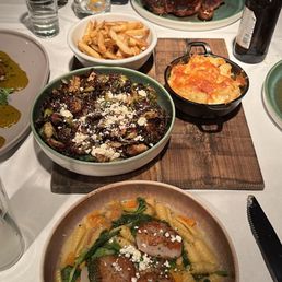 Scallops, Brussels, Mac and cheese and steak