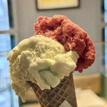 Gelato Davvero - Basil and raspberry on a cone. - Gelato Near Me - Lisbon, 11 Gelato Davvero - Basil and raspberry on a cone. - Gelato Near Me - Lisbon, 11