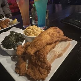 Catfish, greens, mac & cheese, and two nonalcoholic drinks! Whew...AMAZING. Catfish, greens, mac & cheese, and two nonalcoholic drinks! Whew...AMAZING.