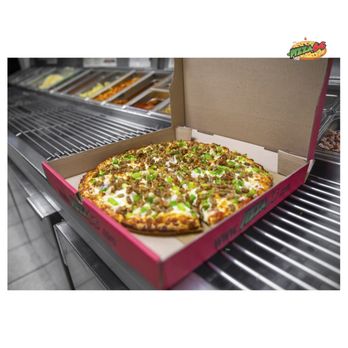 Pizza 64 - a pizza in a box on a conveyor belt - Pizza Near Me - Fresno, California Pizza 64 - a pizza in a box on a conveyor belt - Pizza Near Me - Fresno, California