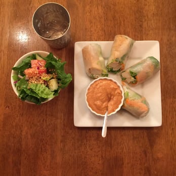 Anong's - Salad, fresh vegetarian spring rolls with peanut sauce and water - Thai Near Me - Laramie, Wyoming Anong's - Salad, fresh vegetarian spring rolls with peanut sauce and water - Thai Near Me - Laramie, Wyoming