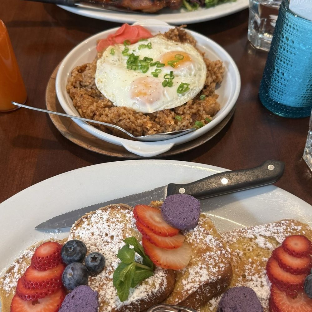 Front: FOB French Toast. Middle: Adobo Fried Rice. Back: Tocino Silog