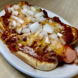 Collegiate Restaurant - Chili cheese and onion hot dog. $4.50