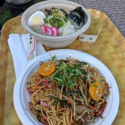 Local fried noodles on the bottom, Tonkatsu ramen on top.