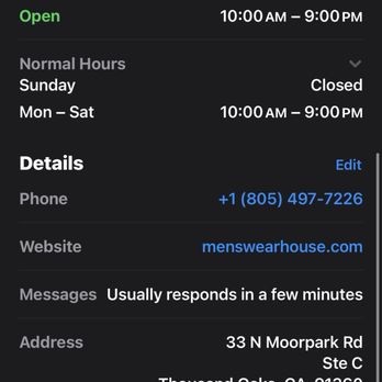 Men's Wearhouse - The specific hours I had seen (Credit: Apple Maps) - Men's Clothing Near Me - THOUSAND OAKS, California Men's Wearhouse - The specific hours I had seen (Credit: Apple Maps) - Men's Clothing Near Me - THOUSAND OAKS, California