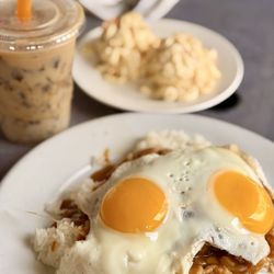 Plumeria Cafe by Stacks - "The Tradition" Fresh Angus Chuck Burger Patty Loco Moco, Plumeria Iced Coffee Jelly, side of mac salad