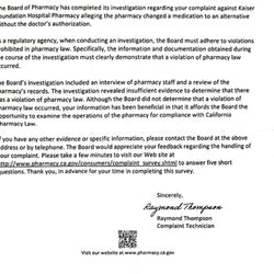 California State Board Of Pharmacy - The bs response from the board stating there's insufficient evidence of any wrong doing from the pharmacist