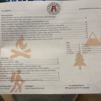 Kumama - Breakfast and beverage menu - Comfort Food Near Me - Jasper, Alberta