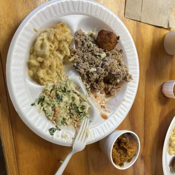 Currituck BBQ - Pork BBQ plate with coleslaw and Mac and cheese. Side of sweet potato casserole. - Barbeque Near Me - Barco, North Carolina