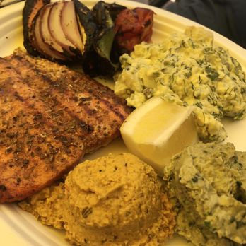 Saffron Mediterranean Grill - Grilled Salmon platter with delicious grilled vegetables, potato salad, onion and garlic hummus and Greek goddess hummus. YUMMY! - Mediterranean Near Me - Long Beach, California