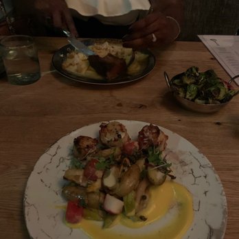 The Select - Scallops with a side of sweet and sour Brussels. My wife had 5 cheese ravioli with prime rib. - Mediterranean Near Me - Sandy Springs, Georgia