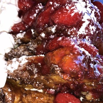 Jamie's Cafe - Up close photo of Deep Fried Strawberry French Toast (comes with eggs and choice of meat) - Cafes Near Me - Elk Grove, California