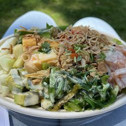 Half rice half lettuce poke bowl with 2 protein