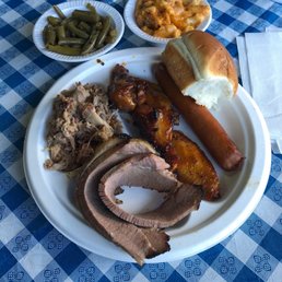 4 meat platter with hot links, wings, brisket and pulled pork 4 meat platter with hot links, wings, brisket and pulled pork