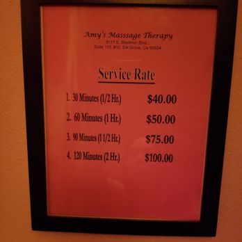 Amy's Massage Therapy - Current prices, May 2019. - Massage Near Me - Elk Grove, California Amy's Massage Therapy - Current prices, May 2019. - Massage Near Me - Elk Grove, California