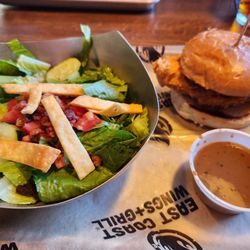 East Coast Wings + Grill - Delicious chicken sandwich with no pickles & side salad with balsamic vinaigrette!