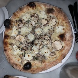 a pizza with mushrooms and cheese