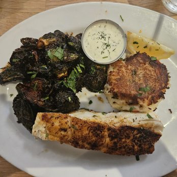 Lure Fish House - Halibut with (divine!) Miso Brussels sprouts and parmesan potato cake - Seafood Near Me - Camarillo, California Lure Fish House - Halibut with (divine!) Miso Brussels sprouts and parmesan potato cake - Seafood Near Me - Camarillo, California