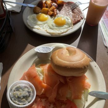 The Hideout Restaurant - Nova Scotia Salmon - Lox (front). Eggs, ham, home fries and toast - American Near Me - Key Largo, Florida The Hideout Restaurant - Nova Scotia Salmon - Lox (front). Eggs, ham, home fries and toast - American Near Me - Key Largo, Florida