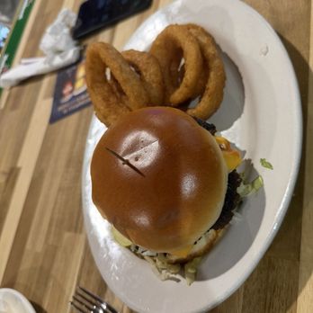 Miller's At Carnes - Burger with onion rings - American Near Me - Moncks Corner, South Carolina Miller's At Carnes - Burger with onion rings - American Near Me - Moncks Corner, South Carolina