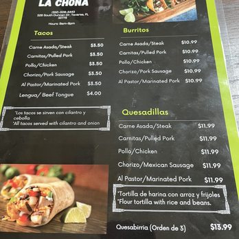 Taqueria La Chona - Menu - Mexican Near Me - Tavares, Florida Taqueria La Chona - Menu - Mexican Near Me - Tavares, Florida