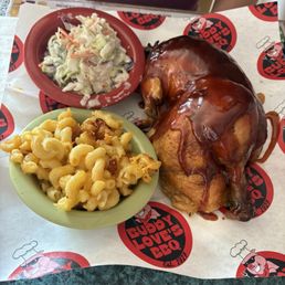 Half chicken with Mac and Cheese and Cole Slaw