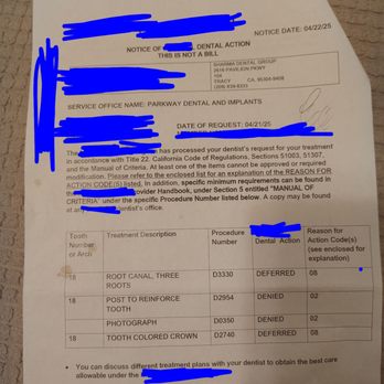 Parkway Dental and Implants - Proof of the receptionist making just ONE out of many mistakes billing the wrong code. - Orthodontists Near Me - Tracy, California