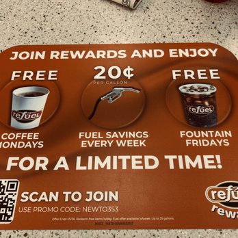 Refuel - The flyer promotes a rewards program at Refuel, featuring free coffee on Mondays, free fountain drinks on Fridays, and 20¢ fuel savings per gallon. It includes a QR code for joining and details about the promotion's limited duration. The design uses a brown background with images of coffee and fountain drinks, and emphasizes the rewards and savings available. - Gas Stations Near Me - Austin, Texas