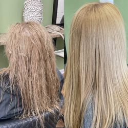 Before and After photos of a Keratin straightening hair service done by Diana!