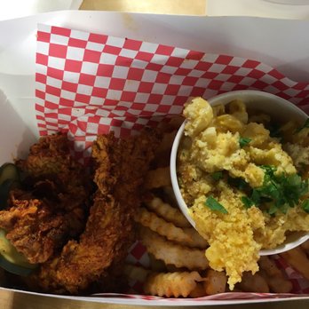 Monroe's Hot Chicken - 3 piece chicken tender and fries box with a side of cornbread Mac and cheese! - Chicken Shop Near Me - Phoenix, Arizona Monroe's Hot Chicken - 3 piece chicken tender and fries box with a side of cornbread Mac and cheese! - Chicken Shop Near Me - Phoenix, Arizona