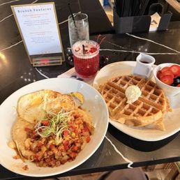 Shrimp and grits and berry waffle Shrimp and grits and berry waffle