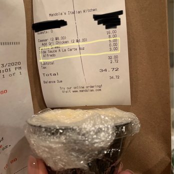 Mandola's Italian Kitchen - This small side of water "Alfredo" sauce was 3 dollars - Italian Near Me - Riverview, Florida Mandola's Italian Kitchen - This small side of water "Alfredo" sauce was 3 dollars - Italian Near Me - Riverview, Florida