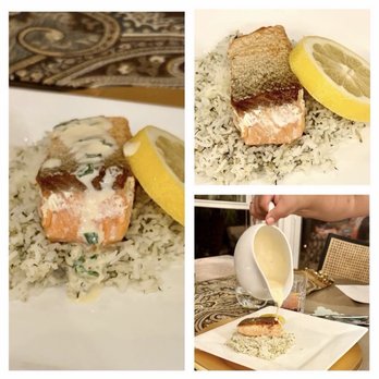 Vida Kitchen - Salmon with crispy skin and herb cream sauce over Persian sabzi polo - Paint & Sip Near Me