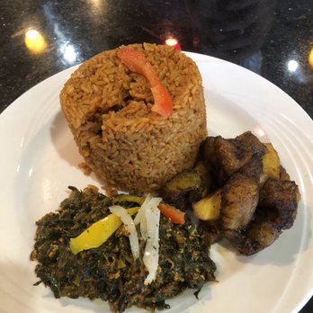 Asanka Delight - Joloff rice with fried plantain,  curried spinach - African Near Me - Somerset, New Jersey