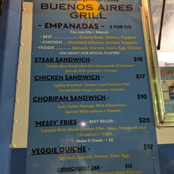 Buenos Aires Grill - Full menu with empanadas as a specialty.