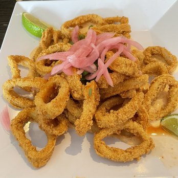 Baja 328 - Calamari with pickled onion, scallions, and sauce. Very good. - Cocktail Bars Near Me - Beacon, New York
