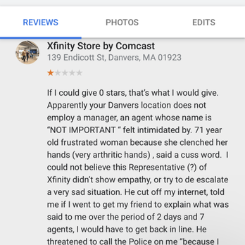 Xfinity Store by Comcast - Beginning of review page 1 of 3 - The image displays a mobile phone screen capturing a Yelp review for Xfinity Store by Comcast located at 139 Endicott St, Danvers, MA. The review is written by Helen McGinty, who gave a one-star rating. The review text criticizes the store's staff, describing a negative experience with unhelpful and intimidating employees, and mentions a lack of empathy and poor customer service. The screenshot includes the Yelp interface with tabs for reviews, photos, and edits, and shows the time as 2:24 with a battery level of 68%. - Internet Service Providers Near Me - Danvers, Massachusetts